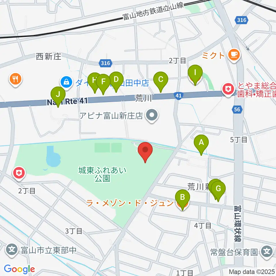 富山市民プール周辺のファミレス・ファーストフード一覧地図