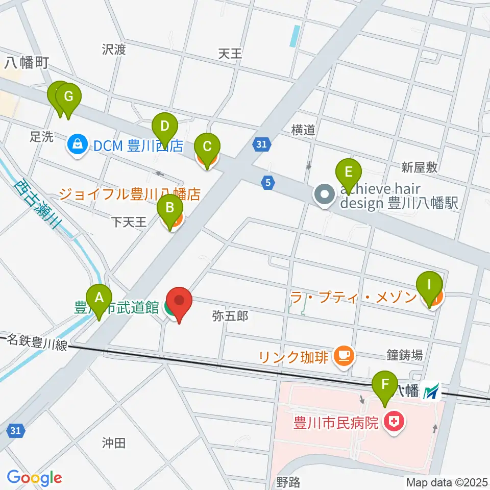 豊川市武道館周辺のファミレス・ファーストフード一覧地図