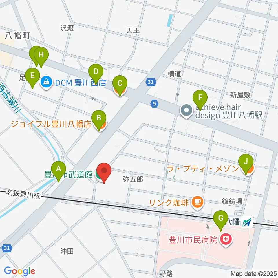 豊川市武道館周辺のファミレス・ファーストフード一覧地図