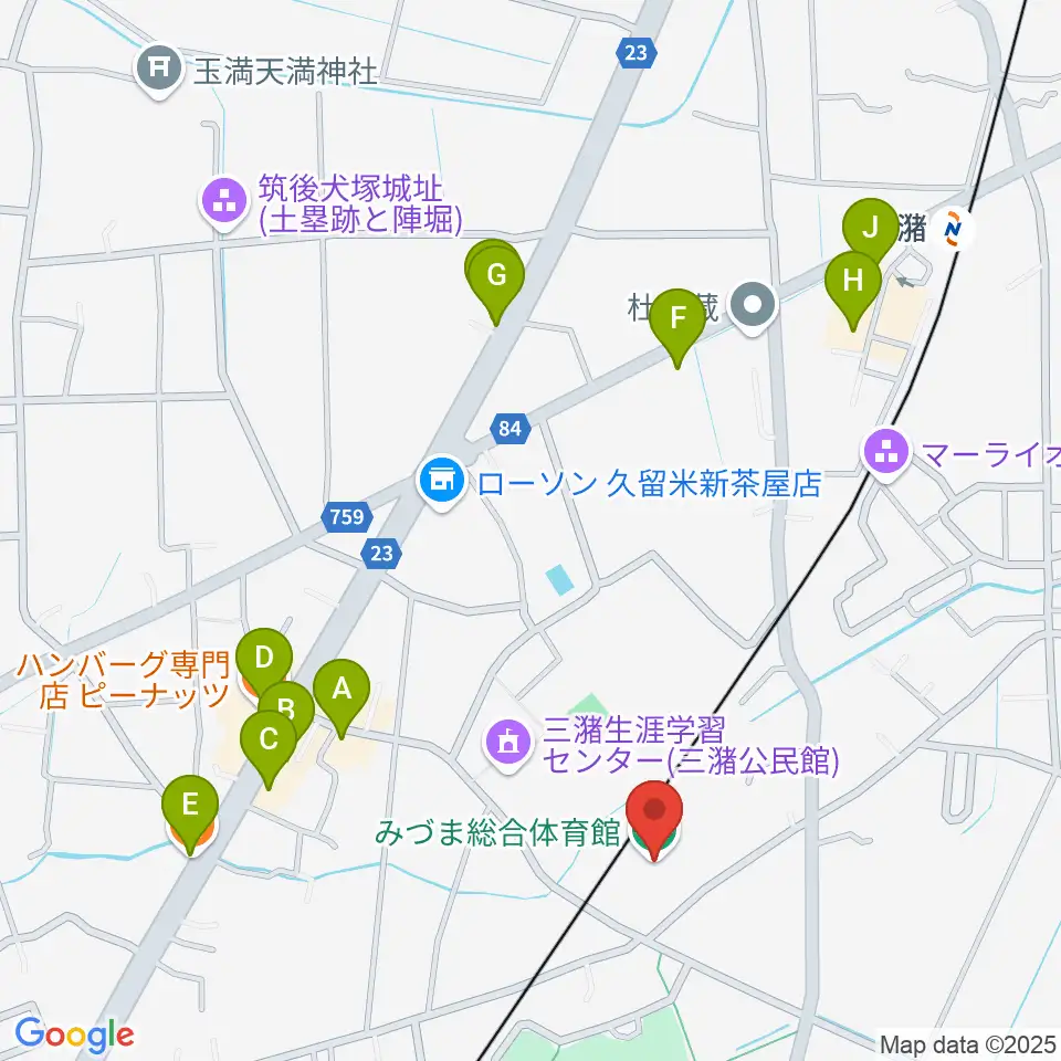 久留米市みづま総合体育館周辺のファミレス・ファーストフード一覧地図