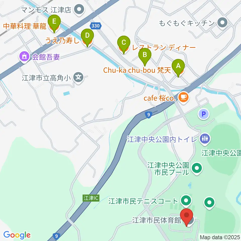 江津市民体育館周辺のファミレス・ファーストフード一覧地図