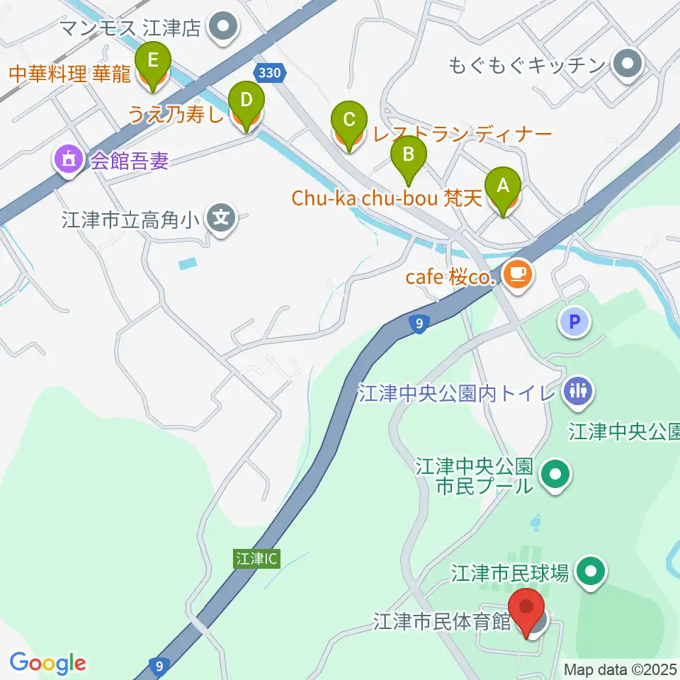 江津市民体育館周辺のファミレス・ファーストフード一覧地図