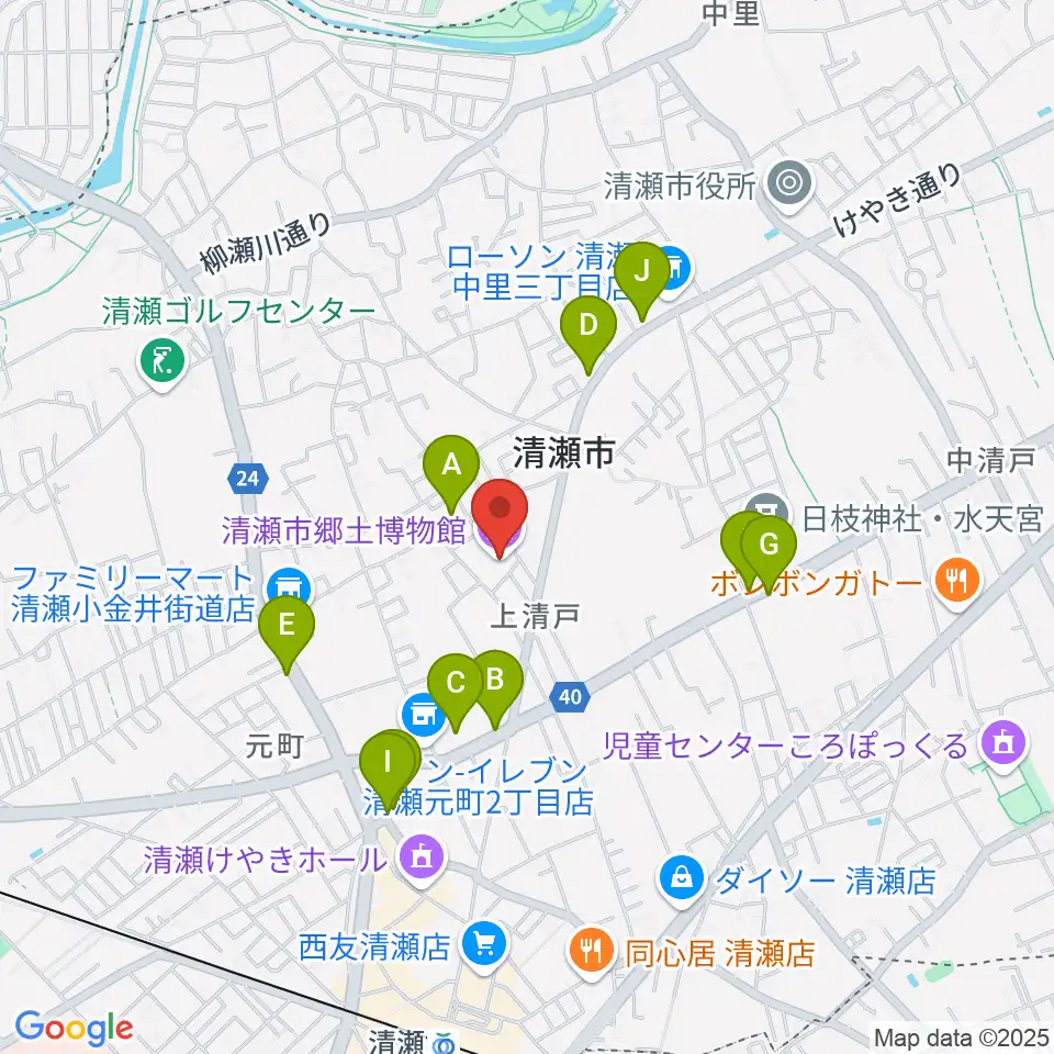 清瀬市郷土博物館周辺のファミレス・ファーストフード一覧地図