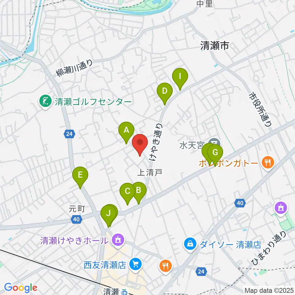 清瀬市郷土博物館周辺のファミレス・ファーストフード一覧地図