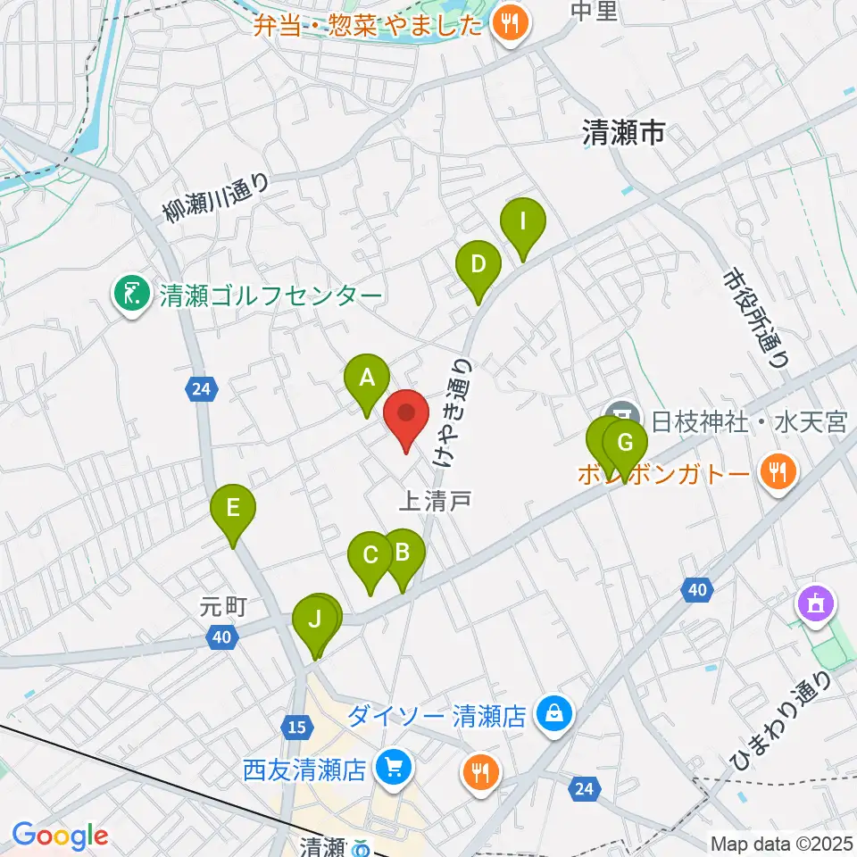 清瀬市郷土博物館周辺のファミレス・ファーストフード一覧地図