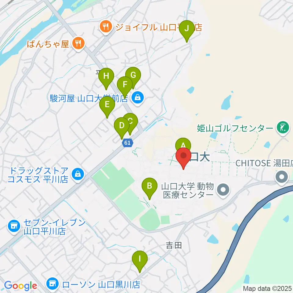 山口大学埋蔵文化財資料館周辺のファミレス・ファーストフード一覧地図