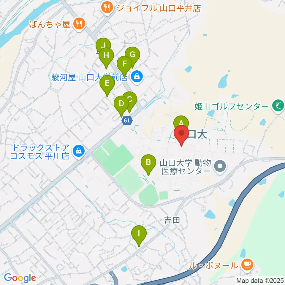 山口大学埋蔵文化財資料館周辺のファミレス・ファーストフード一覧地図