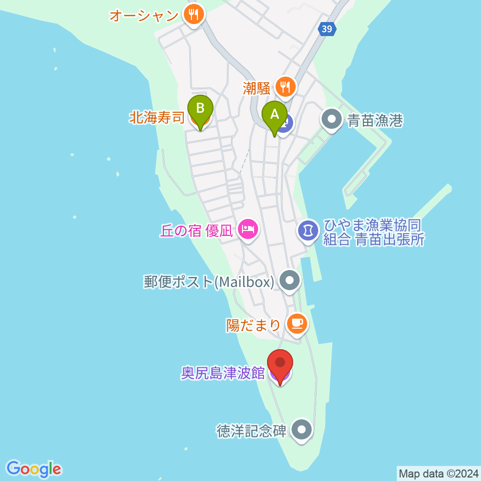 奥尻島津波館周辺のファミレス・ファーストフード一覧地図