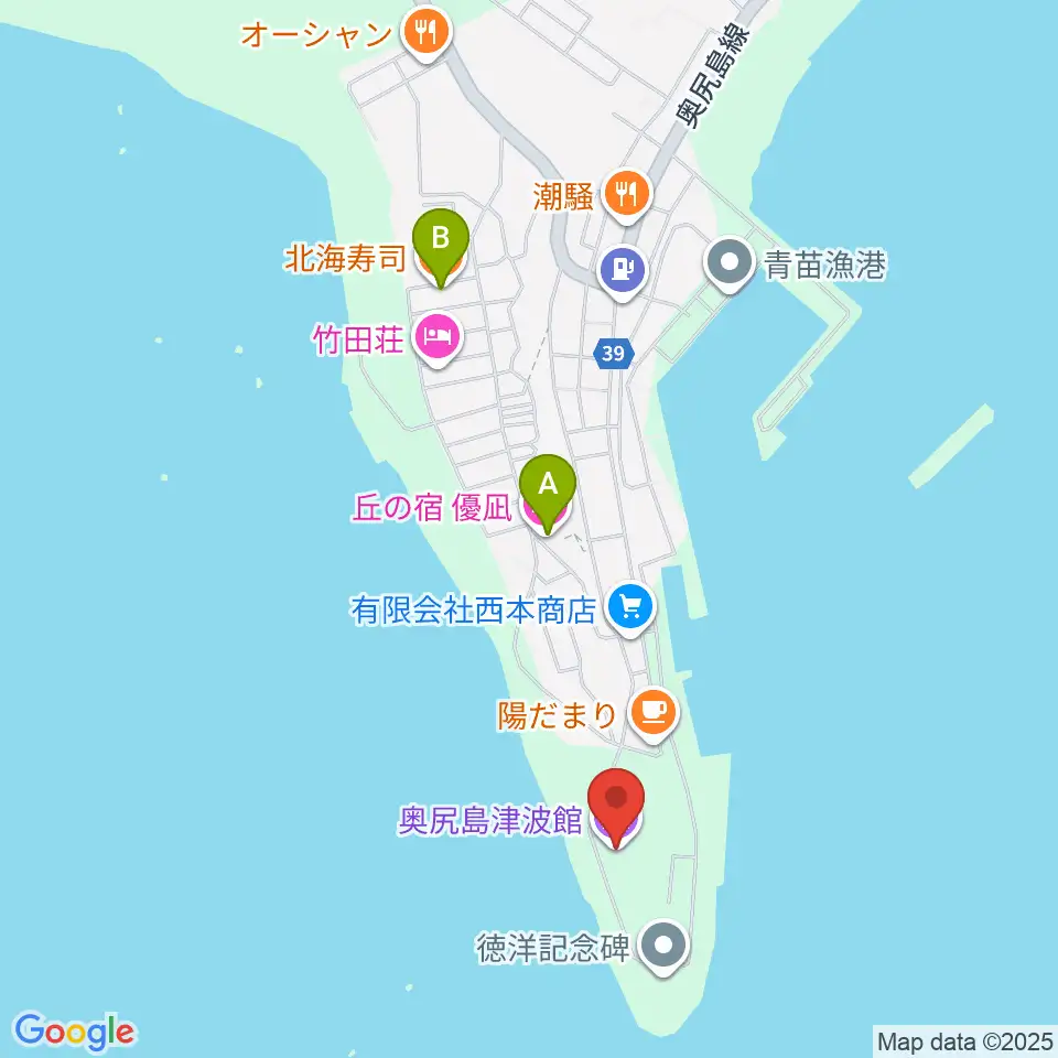 奥尻島津波館周辺のファミレス・ファーストフード一覧地図