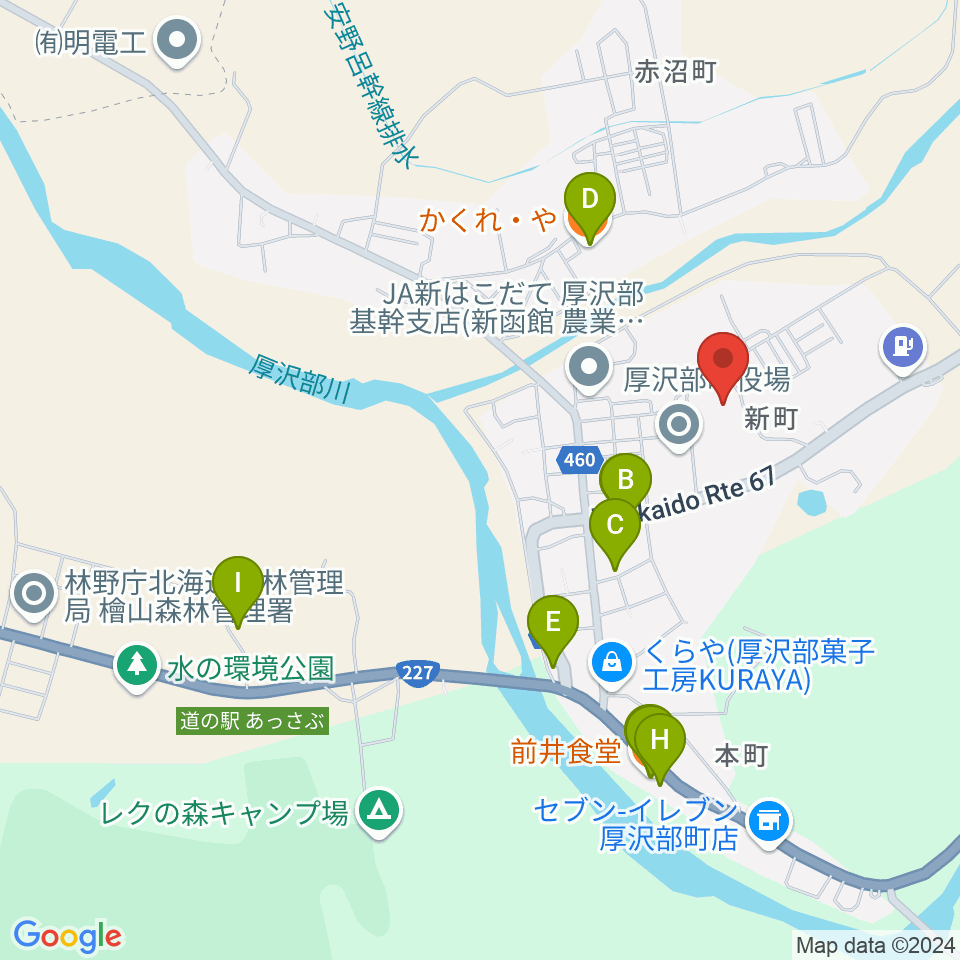 厚沢部町郷土資料館周辺のファミレス・ファーストフード一覧地図