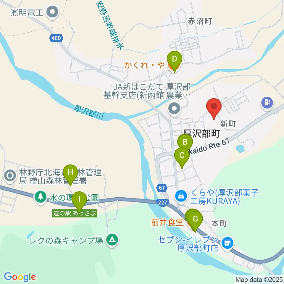 厚沢部町郷土資料館周辺のファミレス・ファーストフード一覧地図