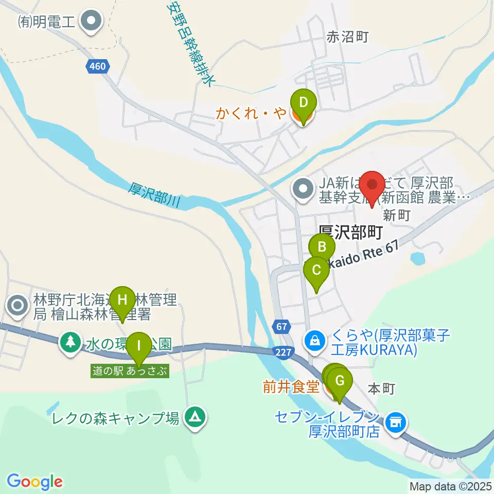厚沢部町郷土資料館周辺のファミレス・ファーストフード一覧地図