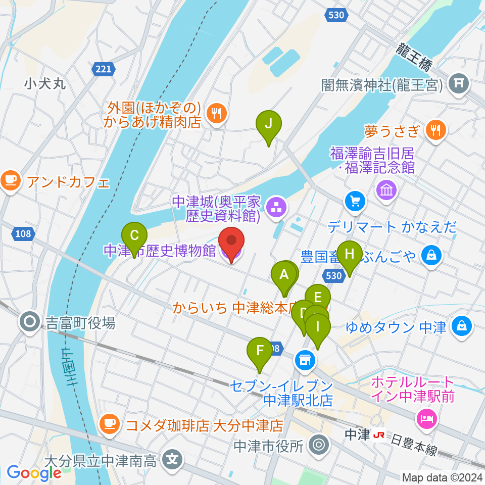 中津市歴史博物館周辺のファミレス・ファーストフード一覧地図