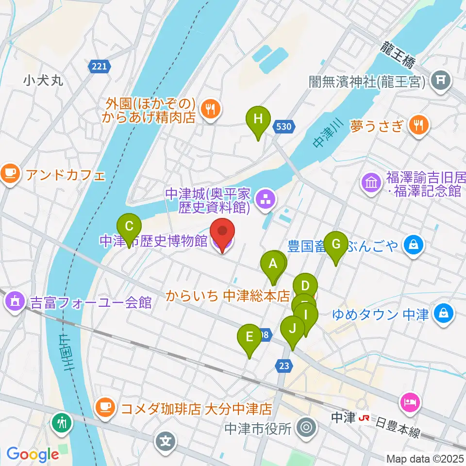 中津市歴史博物館周辺のファミレス・ファーストフード一覧地図