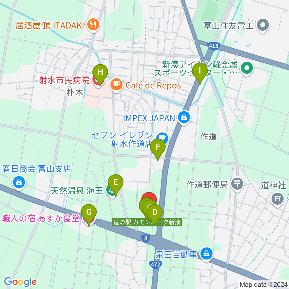 射水市新湊博物館周辺のファミレス・ファーストフード一覧地図