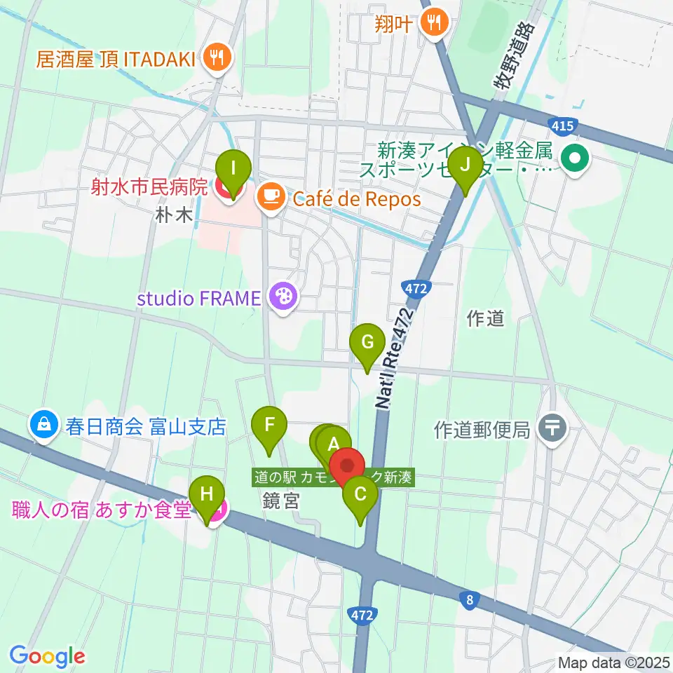 射水市新湊博物館周辺のファミレス・ファーストフード一覧地図