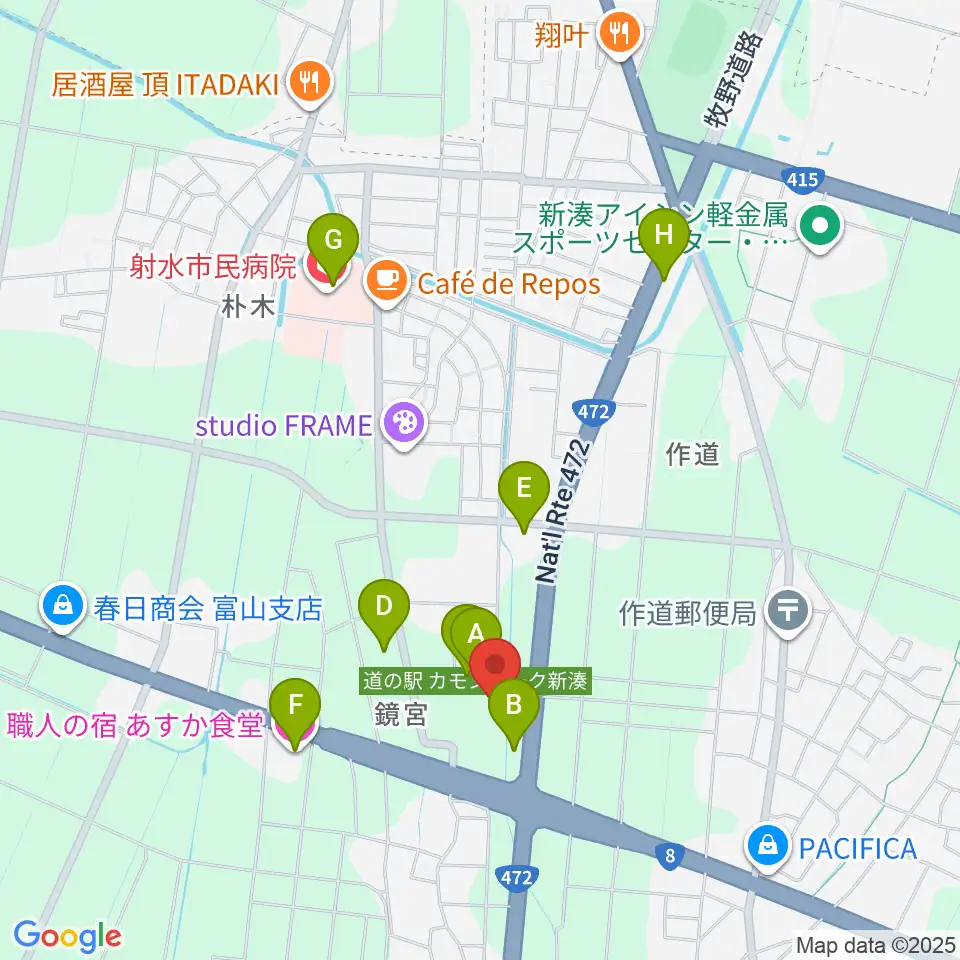 射水市新湊博物館周辺のファミレス・ファーストフード一覧地図