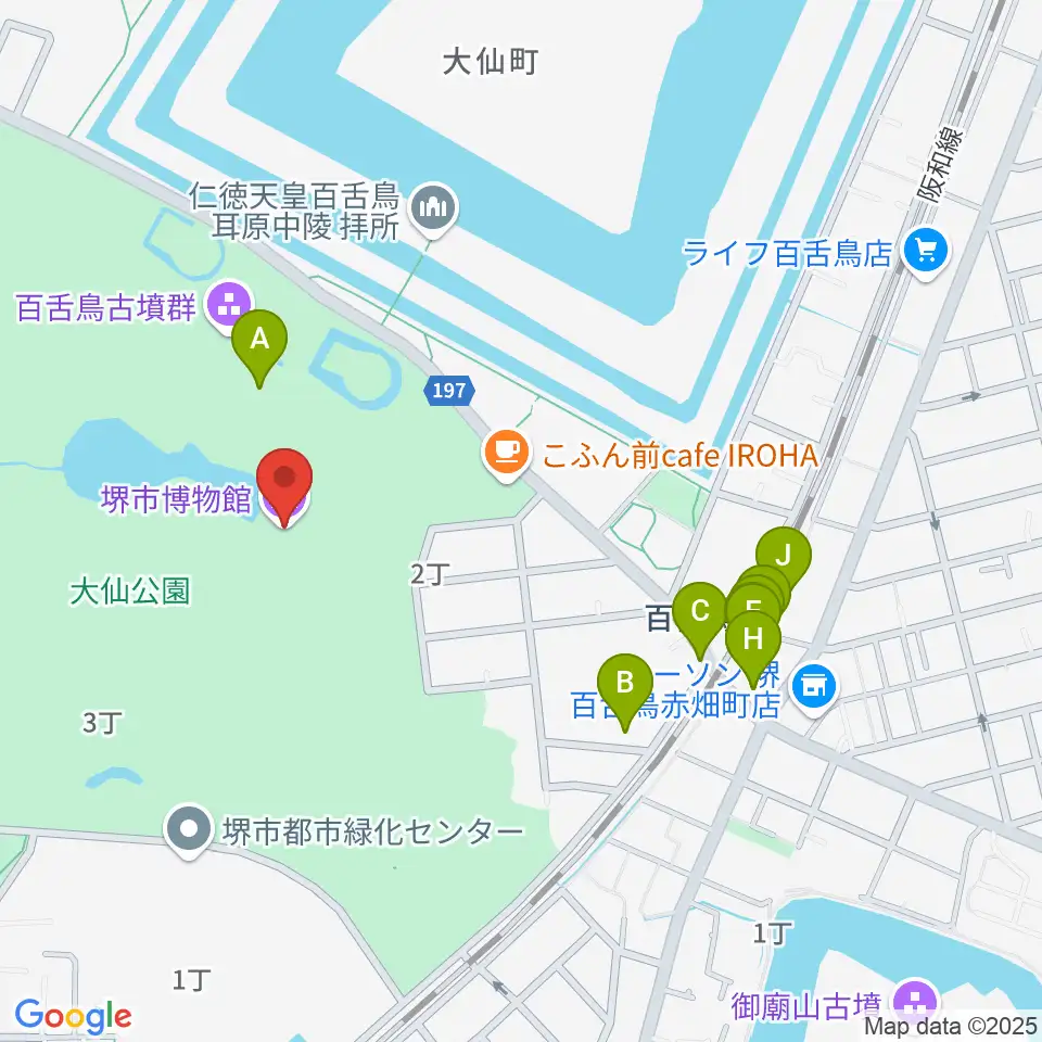 堺市博物館周辺のファミレス・ファーストフード一覧地図