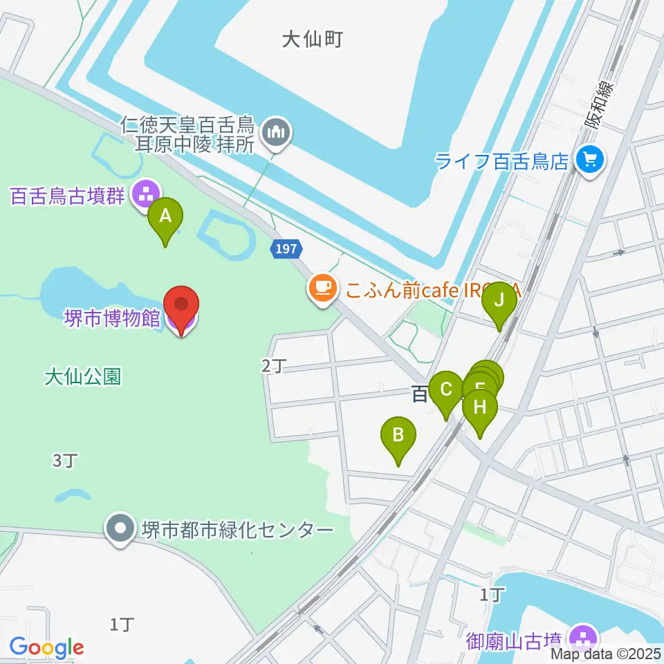 堺市博物館周辺のファミレス・ファーストフード一覧地図