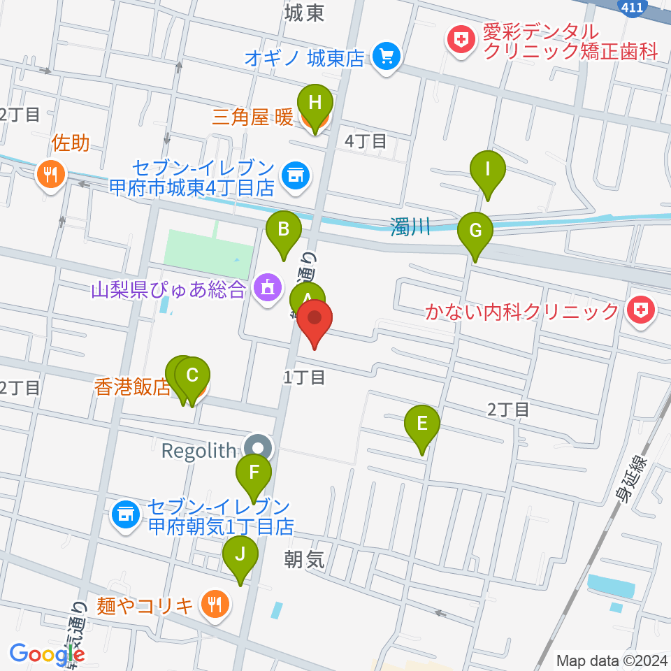 山梨平和ミュージアム 石橋湛山記念館周辺のファミレス・ファーストフード一覧地図