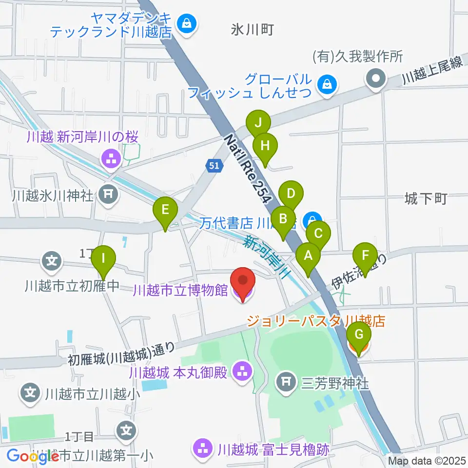 川越市立博物館周辺のファミレス・ファーストフード一覧地図