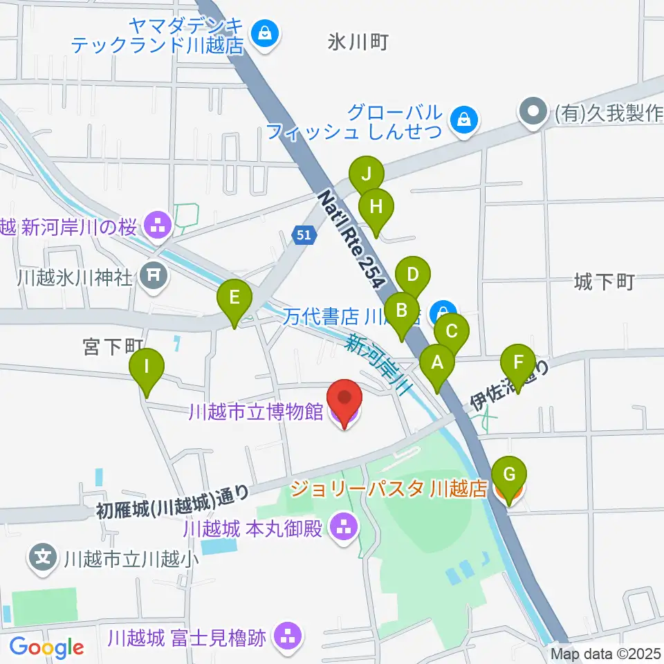 川越市立博物館周辺のファミレス・ファーストフード一覧地図