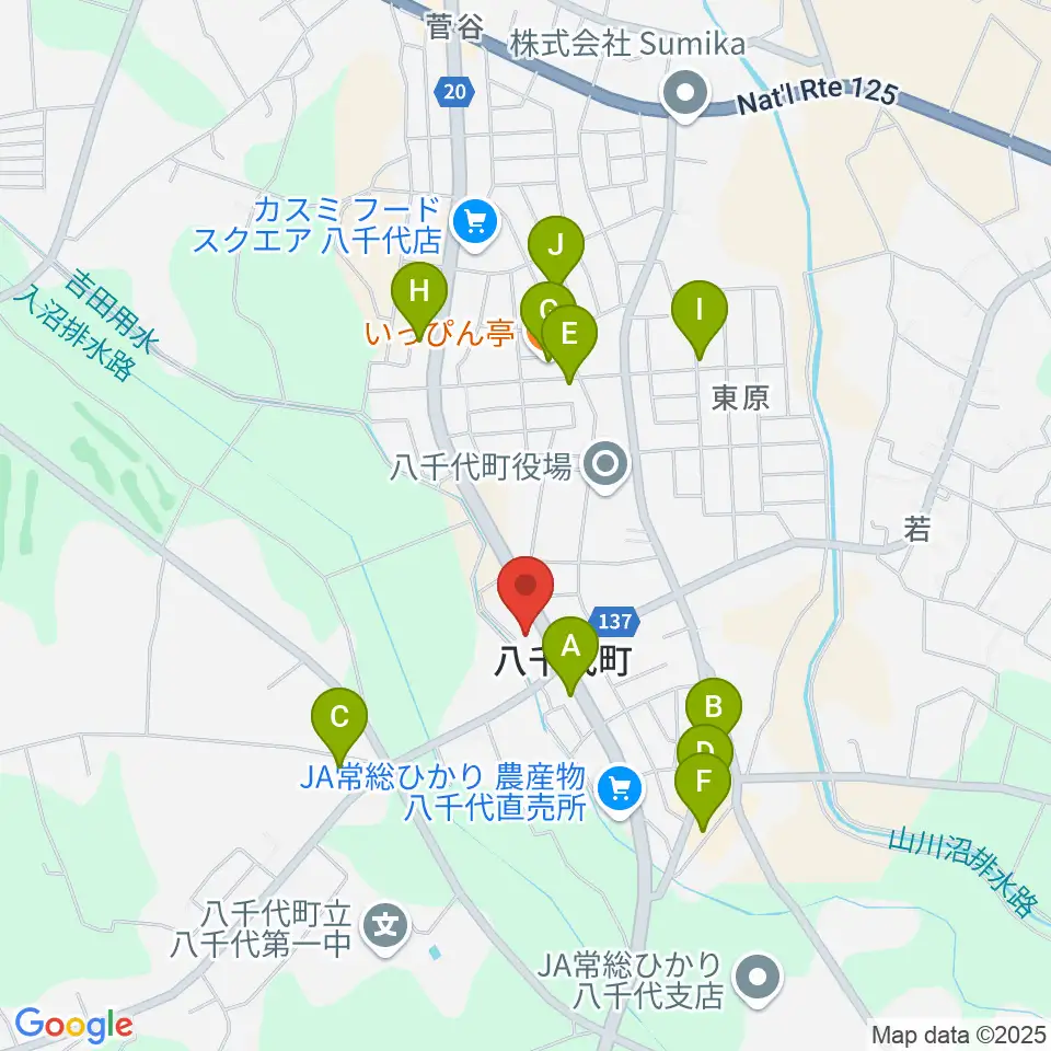 八千代町歴史民俗資料館周辺のファミレス・ファーストフード一覧地図
