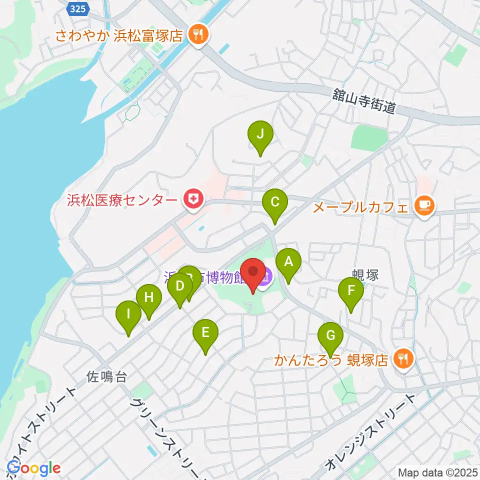 浜松市博物館周辺のファミレス・ファーストフード一覧地図