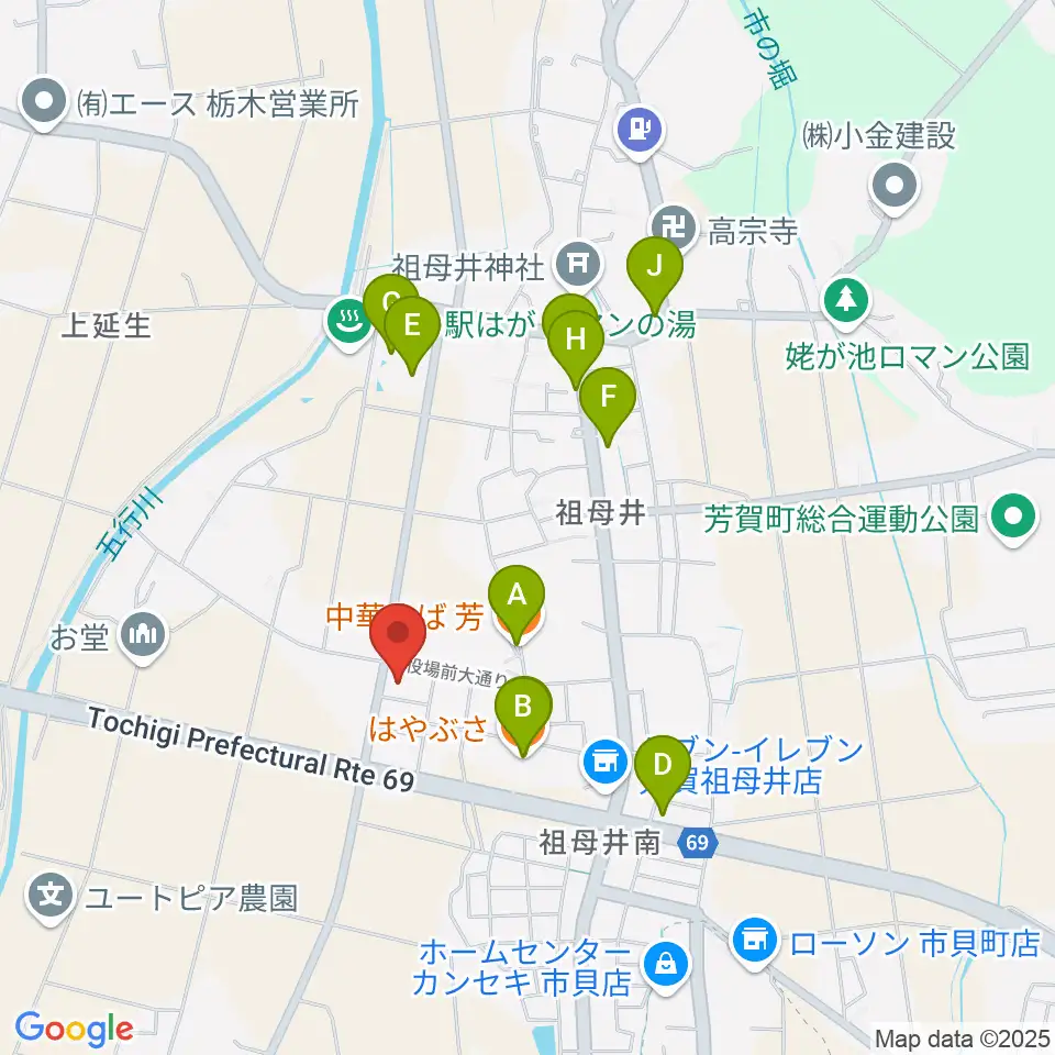 芳賀町総合情報館 知恵の環館周辺のファミレス・ファーストフード一覧地図