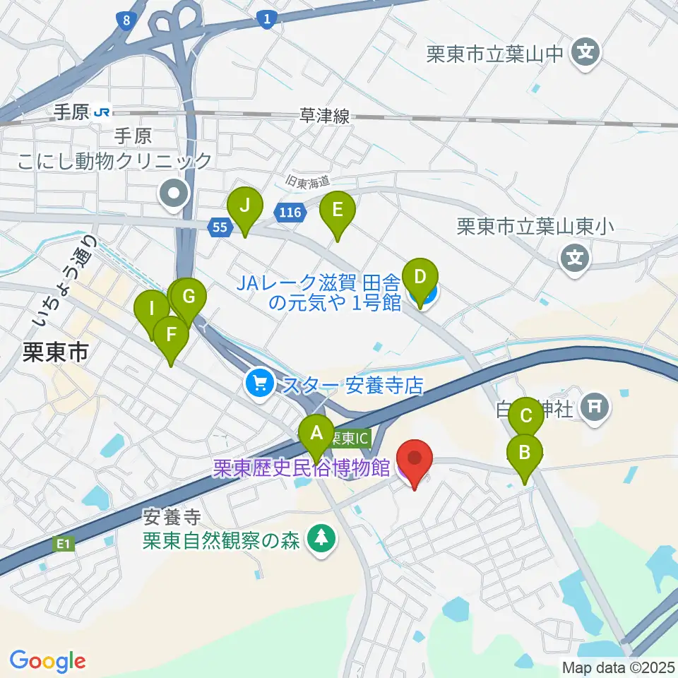栗東歴史民俗博物館周辺のファミレス・ファーストフード一覧地図