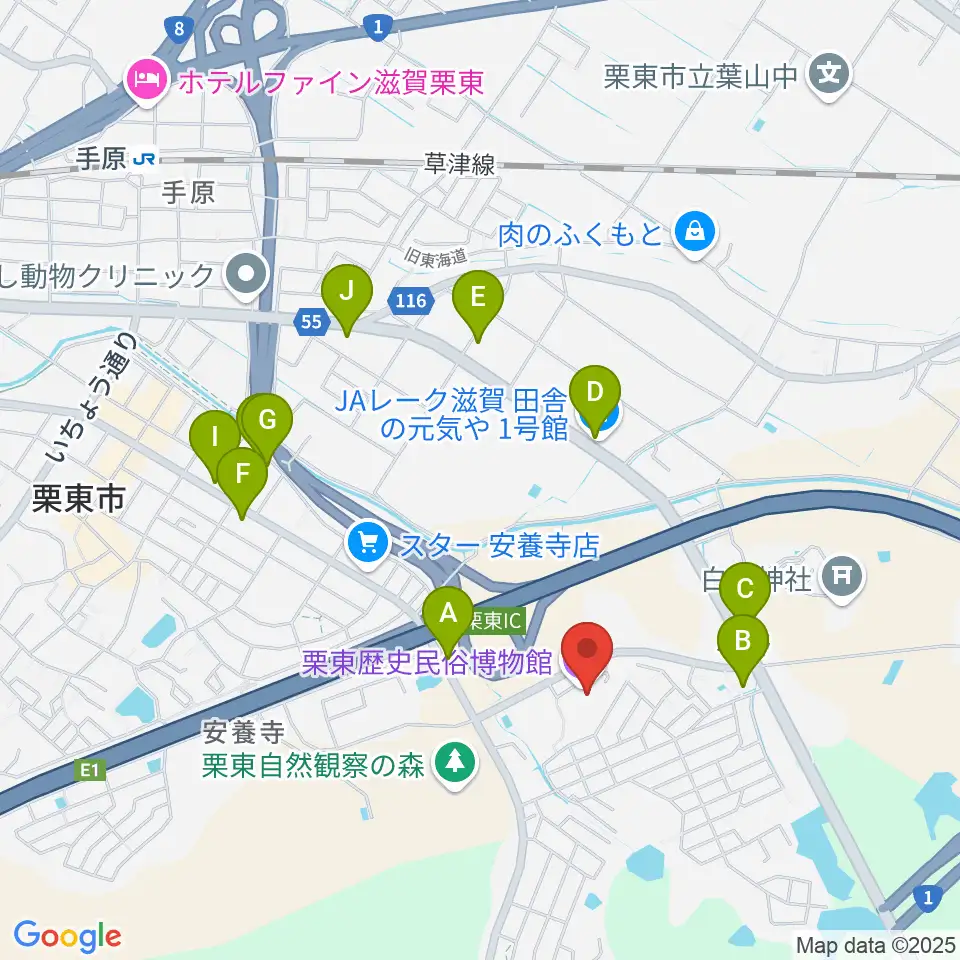 栗東歴史民俗博物館周辺のファミレス・ファーストフード一覧地図