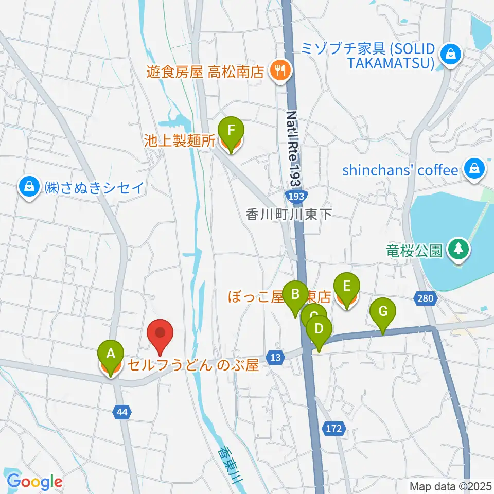 高松市香南歴史民俗郷土館周辺のファミレス・ファーストフード一覧地図