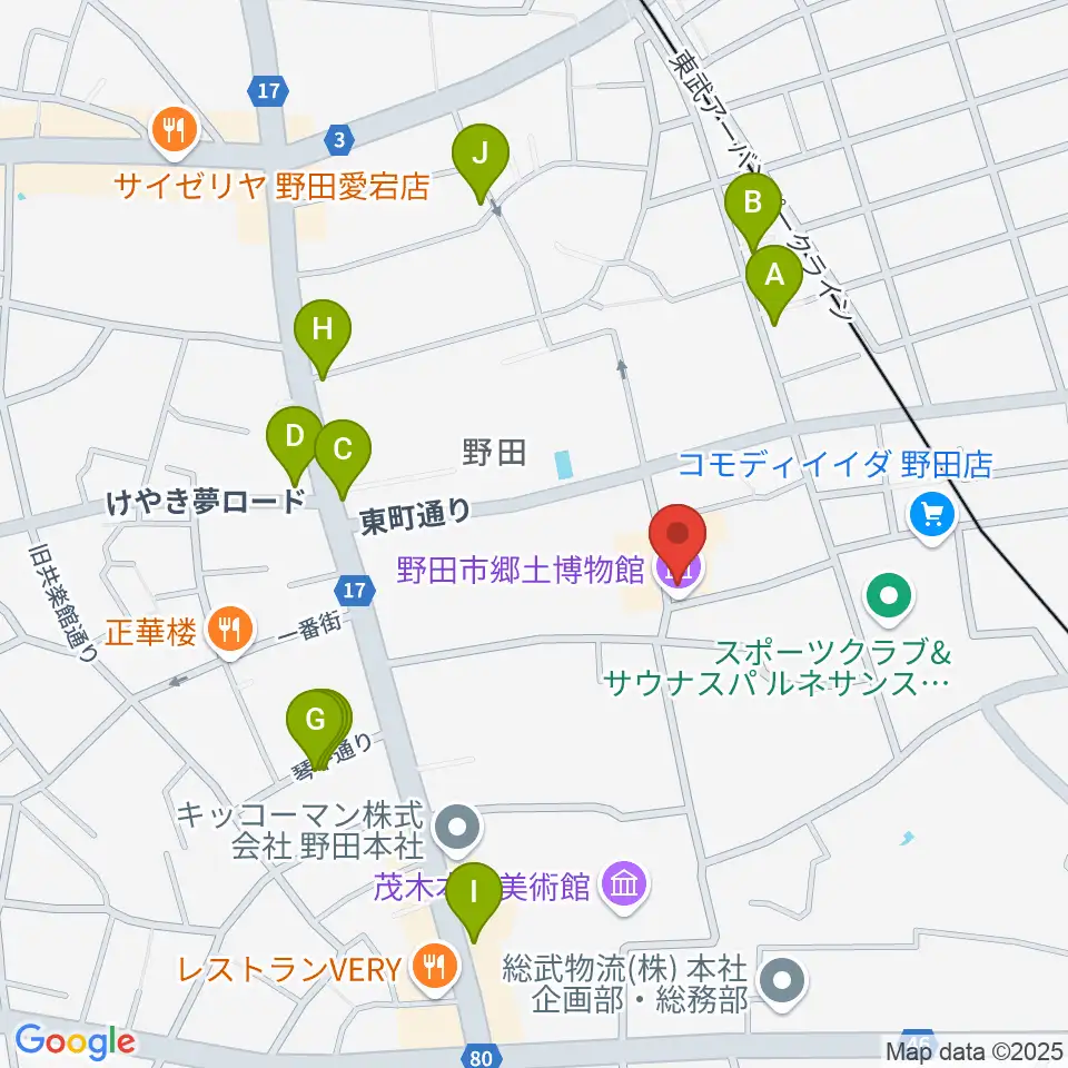 野田市郷土博物館周辺のファミレス・ファーストフード一覧地図
