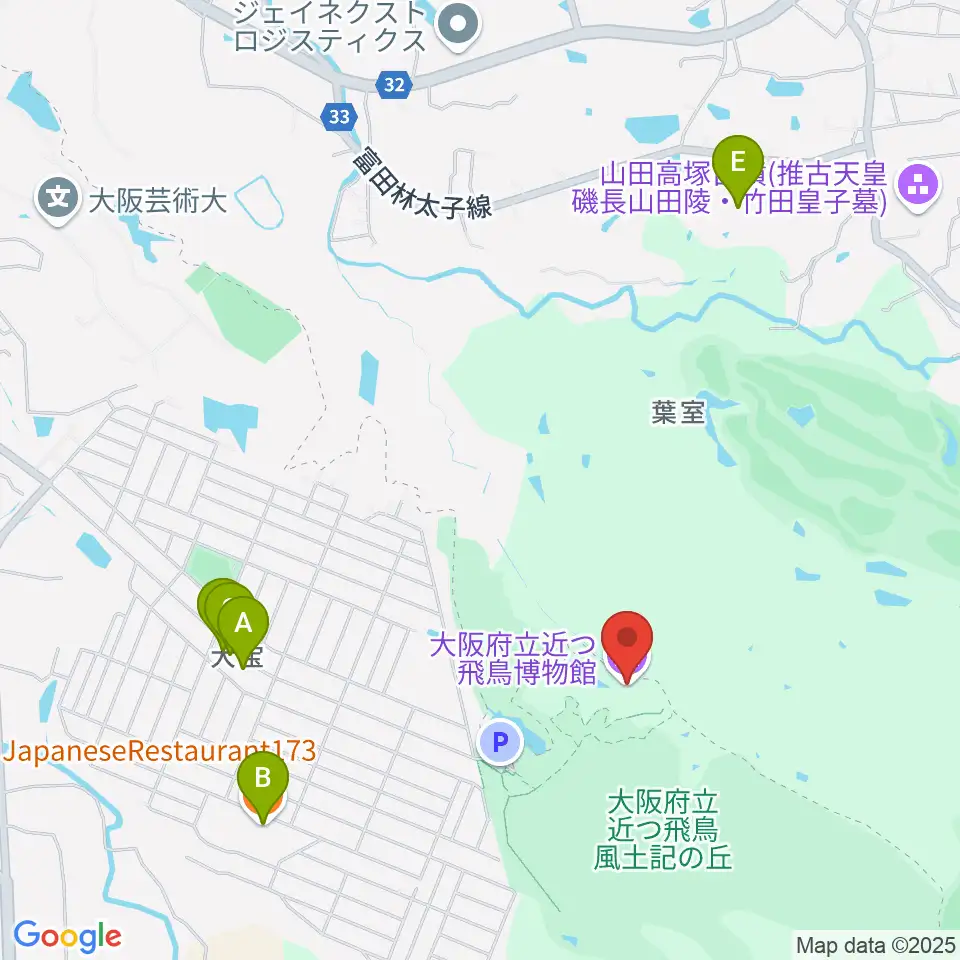 大阪府立近つ飛鳥博物館周辺のファミレス・ファーストフード一覧地図