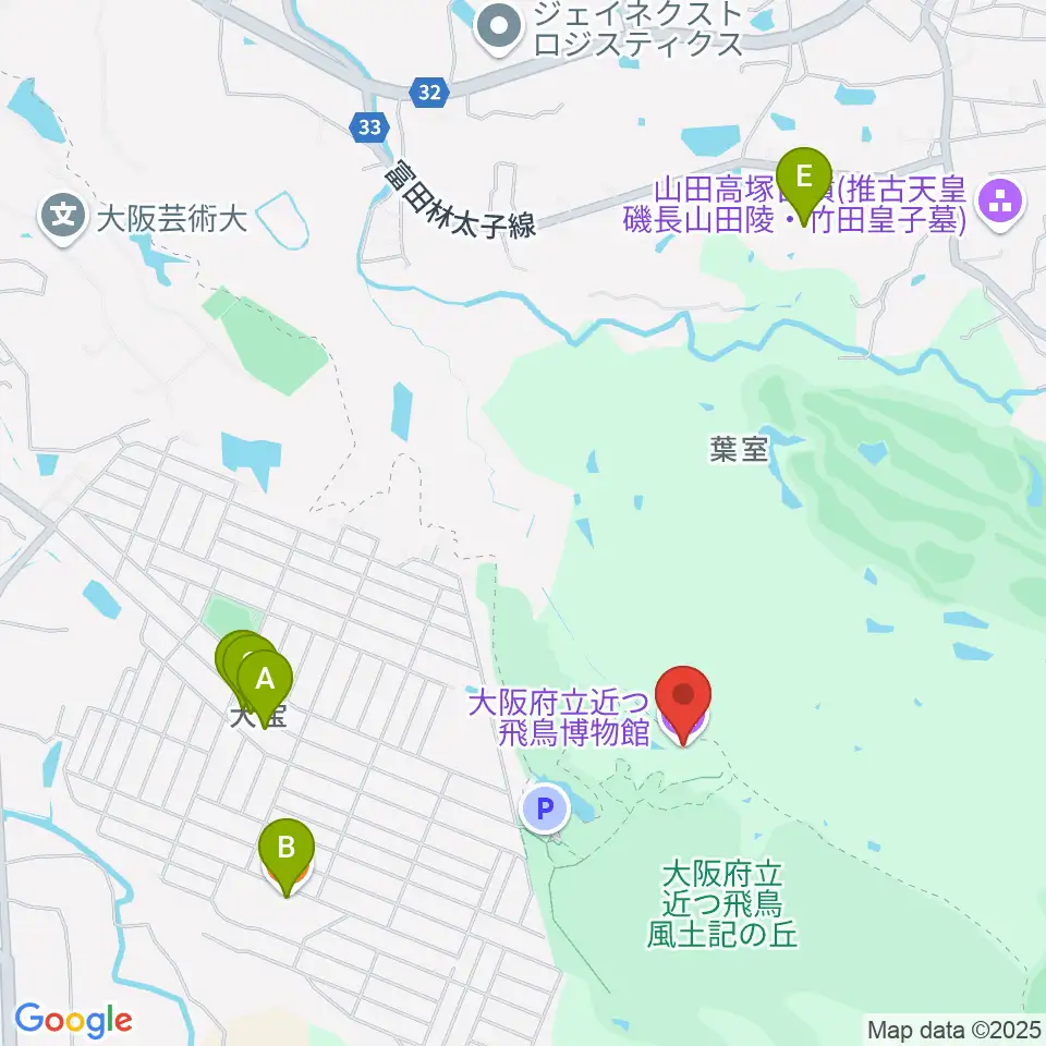大阪府立近つ飛鳥博物館周辺のファミレス・ファーストフード一覧地図