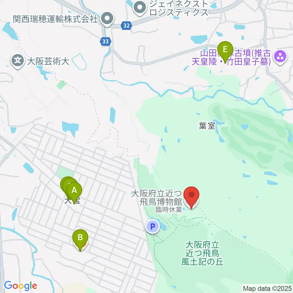 大阪府立近つ飛鳥博物館周辺のファミレス・ファーストフード一覧地図