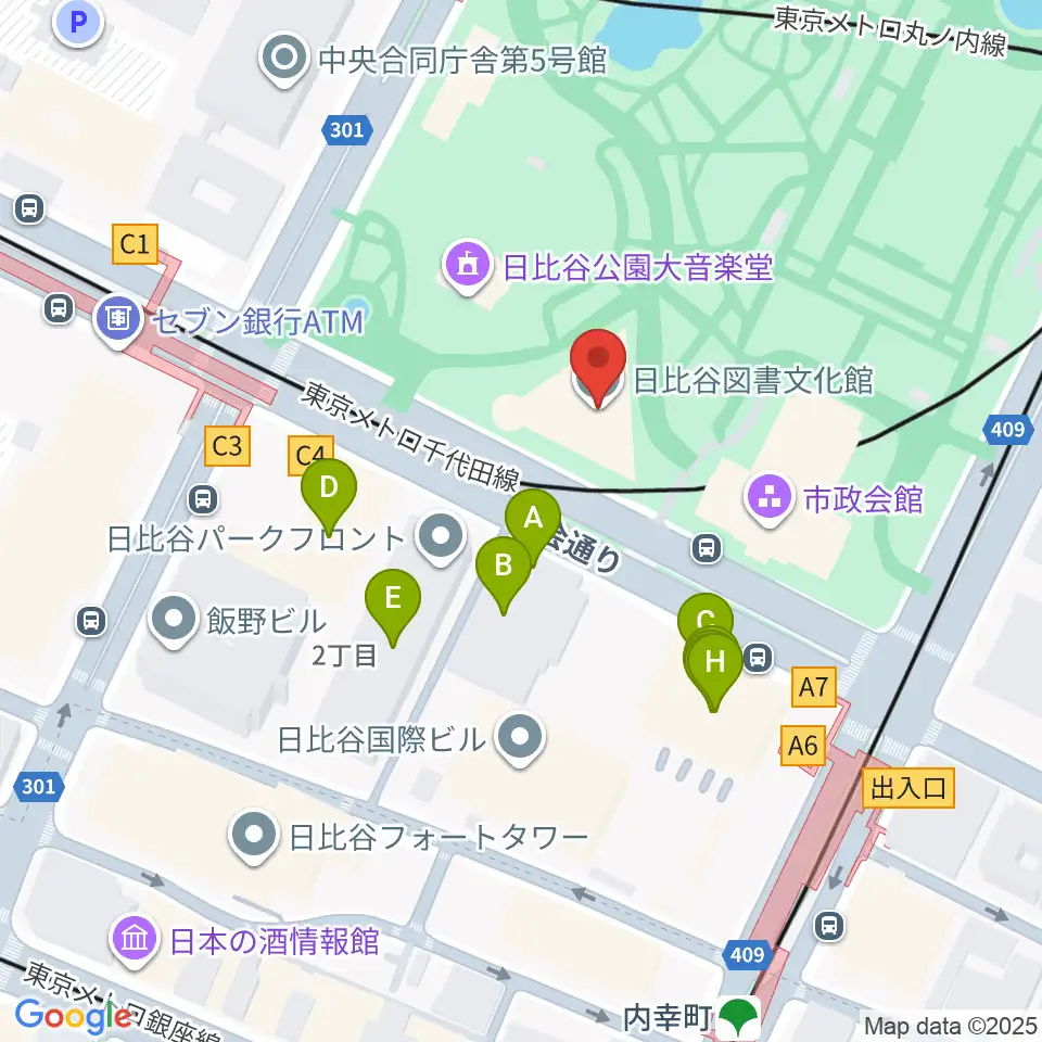 千代田区立日比谷図書文化館周辺のファミレス・ファーストフード一覧地図