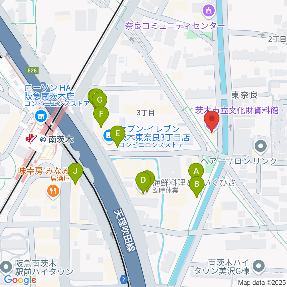 茨木市立文化財資料館周辺のファミレス・ファーストフード一覧地図