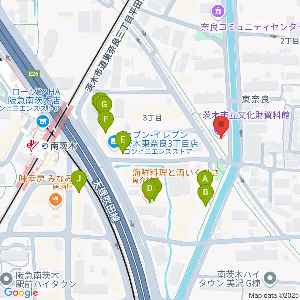 茨木市立文化財資料館周辺のファミレス・ファーストフード一覧地図