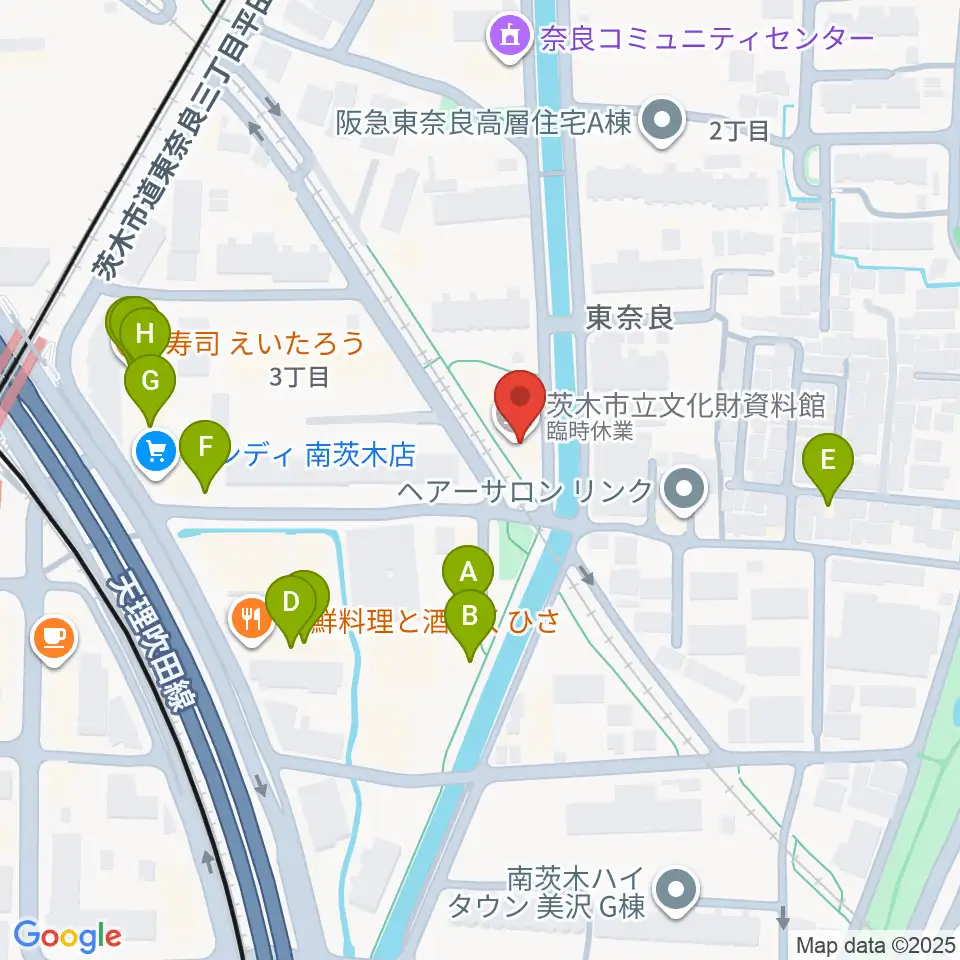 茨木市立文化財資料館周辺のファミレス・ファーストフード一覧地図