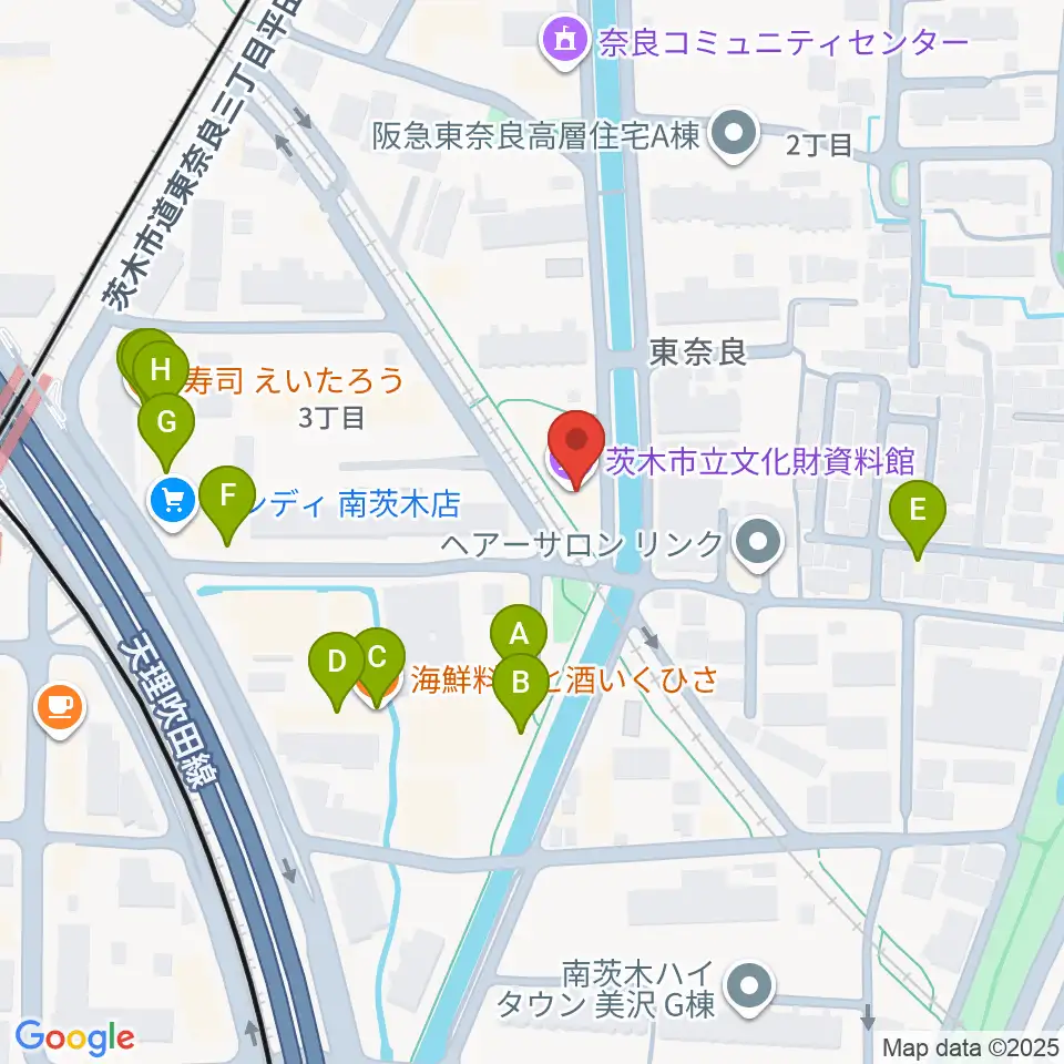 茨木市立文化財資料館周辺のファミレス・ファーストフード一覧地図