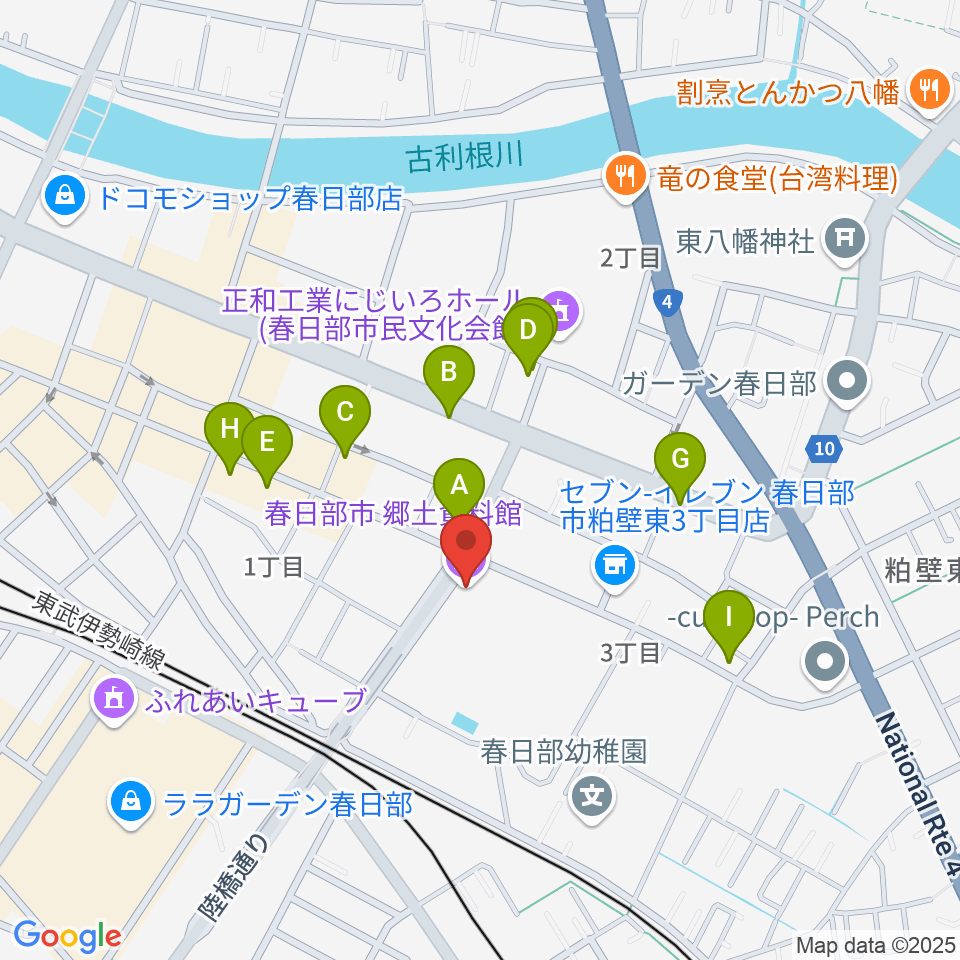 春日部市郷土資料館周辺のファミレス・ファーストフード一覧地図