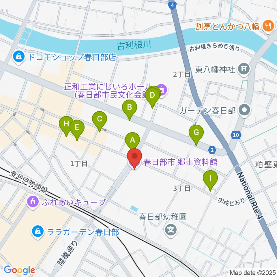春日部市郷土資料館周辺のファミレス・ファーストフード一覧地図