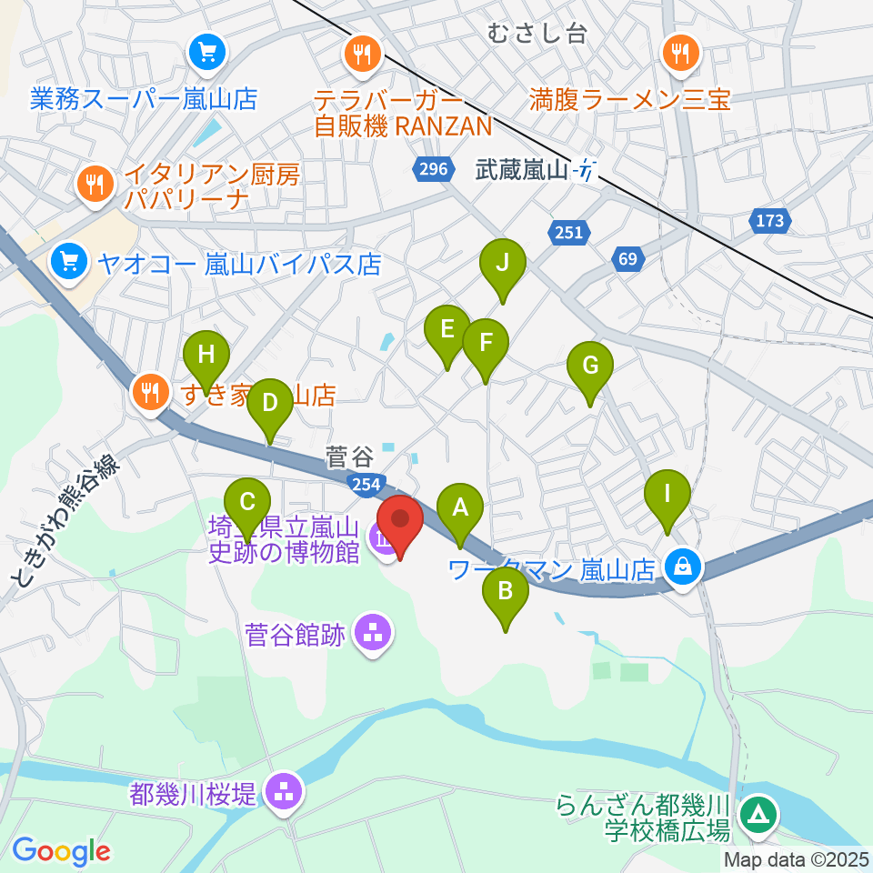 埼玉県立嵐山史跡の博物館周辺のファミレス・ファーストフード一覧地図