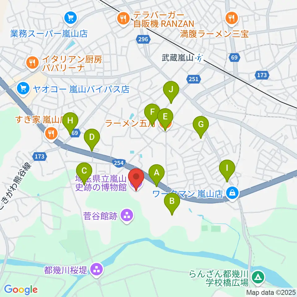 埼玉県立嵐山史跡の博物館周辺のファミレス・ファーストフード一覧地図