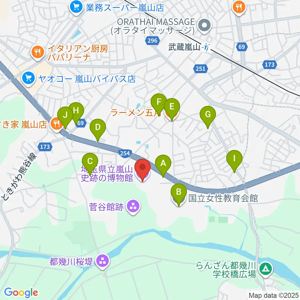 埼玉県立嵐山史跡の博物館周辺のファミレス・ファーストフード一覧地図