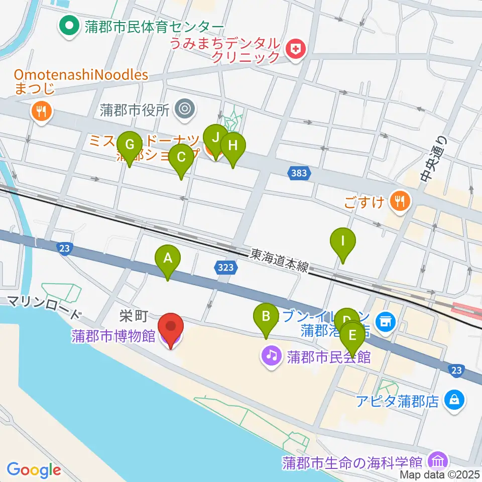 蒲郡市博物館周辺のファミレス・ファーストフード一覧地図