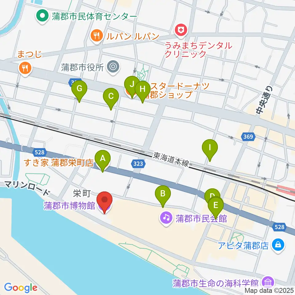 蒲郡市博物館周辺のファミレス・ファーストフード一覧地図