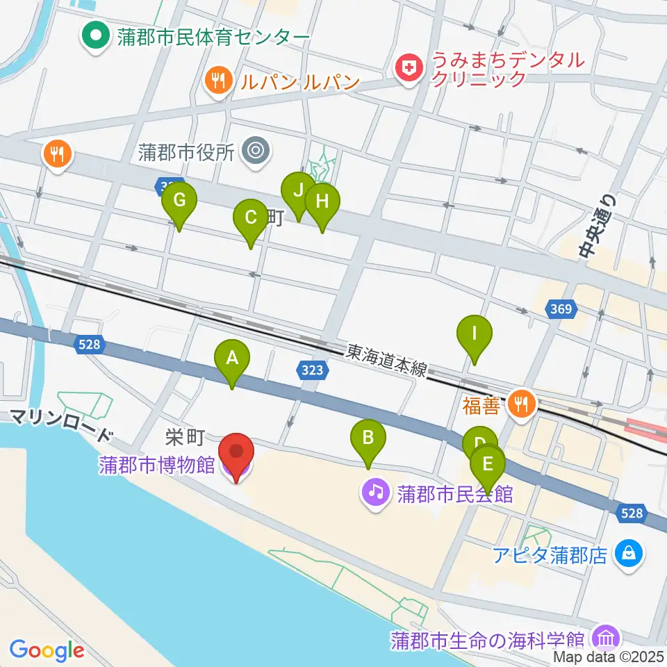 蒲郡市博物館周辺のファミレス・ファーストフード一覧地図