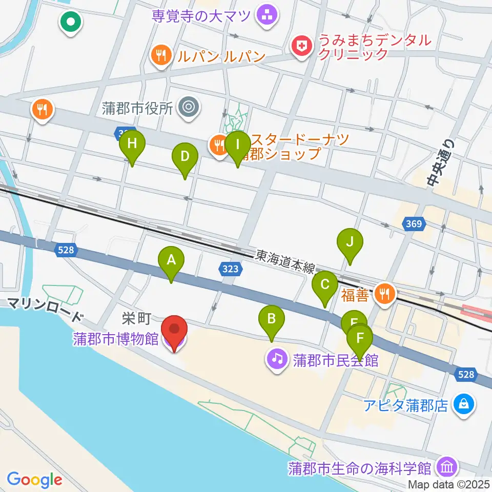 蒲郡市博物館周辺のファミレス・ファーストフード一覧地図